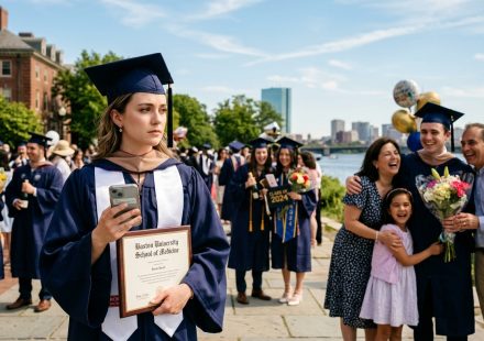 Medical school graduate standing alone with her diploma after her parents skipped her medical school graduation to celebrate her brother.
