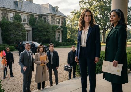 Sadie and her aunt standing outside a billionaire's mansion as her shocked family arrives with eviction papers.