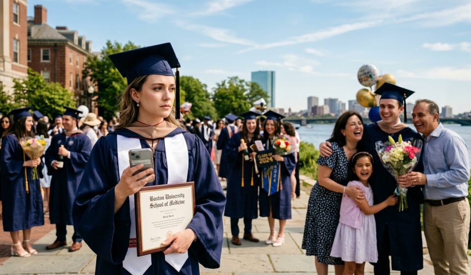 Medical school graduate standing alone with her diploma after her parents skipped her medical school graduation to celebrate her brother.