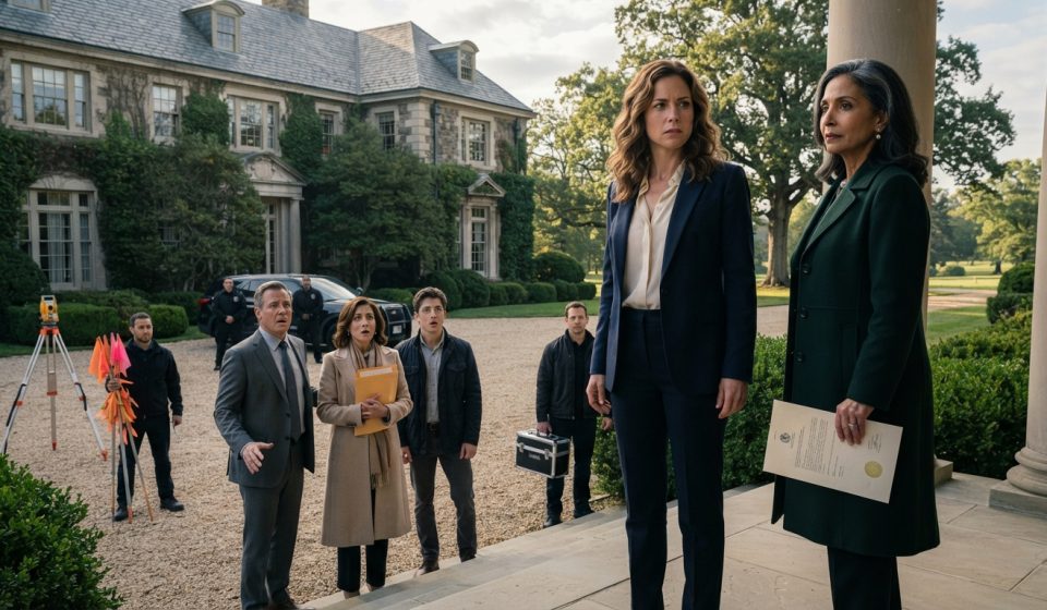 Sadie and her aunt standing outside a billionaire's mansion as her shocked family arrives with eviction papers.
