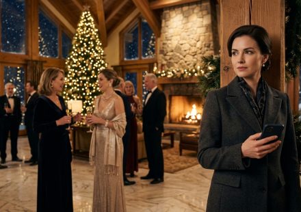 Claire standing inside a luxury Christmas hotel while her family mocked her hotel career