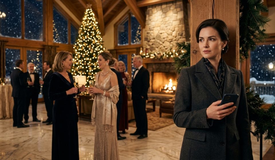 Claire standing inside a luxury Christmas hotel while her family mocked her hotel career