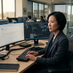 Senior female platform architect reacts calmly to an unexpected firing email while working at her computer in a modern technology office.