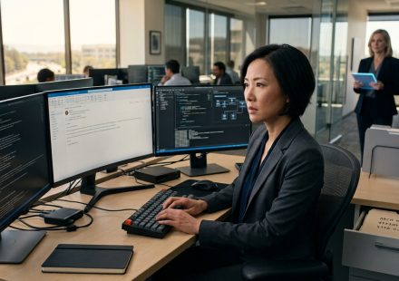 Senior female platform architect reacts calmly to an unexpected firing email while working at her computer in a modern technology office.