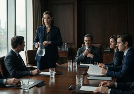 A composed woman holding a water pitcher watches her brother confidently prepare for an important partnership signing in an executive boardroom.