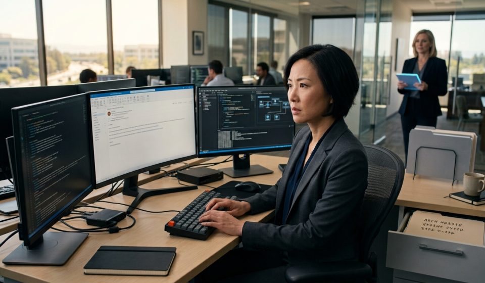 Senior female platform architect reacts calmly to an unexpected firing email while working at her computer in a modern technology office.