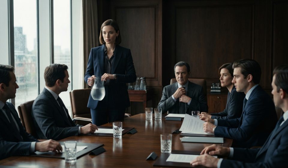 A composed woman holding a water pitcher watches her brother confidently prepare for an important partnership signing in an executive boardroom.