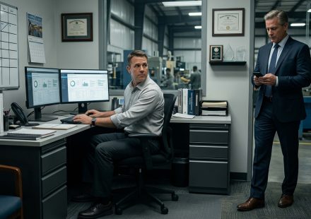Experienced systems manager calmly faces his CEO after the CEO gave his office to his son at an industrial manufacturing company.
