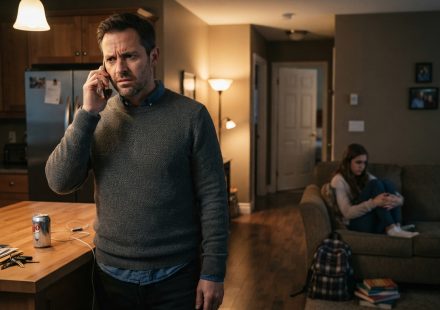 A 43-year-old divorced father listens to his 16-year-old daughter as they discuss household rules and independence in their living room.