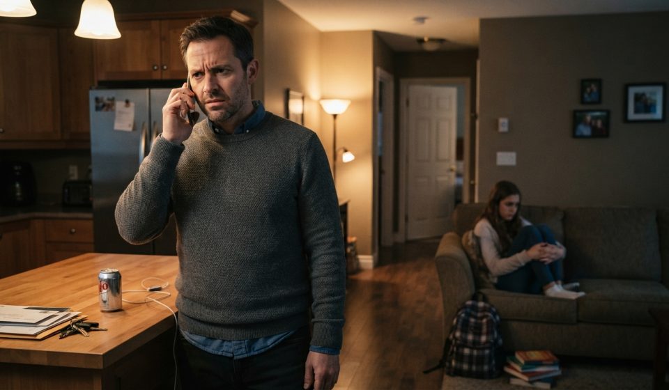 A 43-year-old divorced father listens to his 16-year-old daughter as they discuss household rules and independence in their living room.