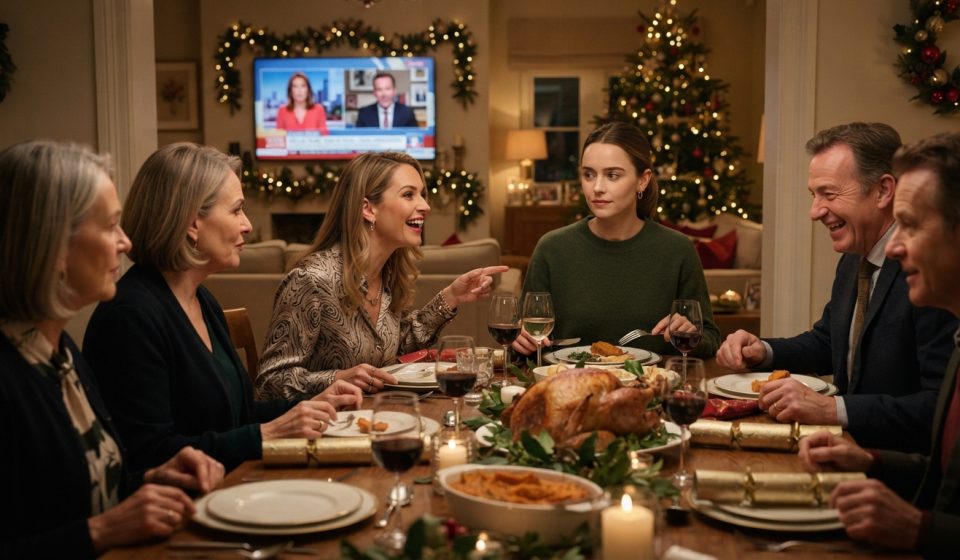 Emma quietly eats Christmas dinner while her relatives laugh and dismiss her online business as a hobby.