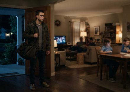 An 18-year-old young man quietly leaving his family home at night with a packed bag while his family remains unaware inside.