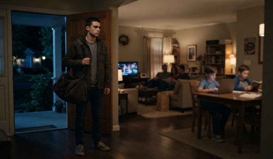 An 18-year-old young man quietly leaving his family home at night with a packed bag while his family remains unaware inside.