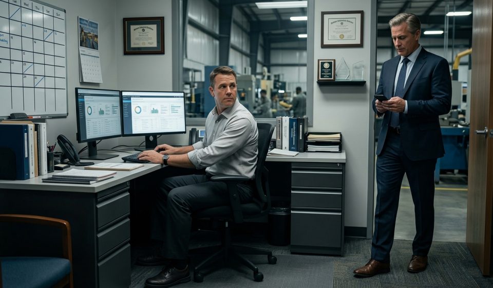 Experienced systems manager calmly faces his CEO after the CEO gave his office to his son at an industrial manufacturing company.