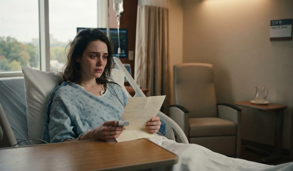 A 28-year-old woman who woke up from a coma sitting alone in a hospital bed while looking at a note left beside her.