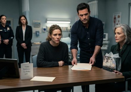 Concerned parents confront a composed grandmother over a mysterious silver birthday gift and digital photo frame inside a hospital consultation room.