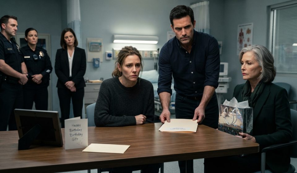 Concerned parents confront a composed grandmother over a mysterious silver birthday gift and digital photo frame inside a hospital consultation room.