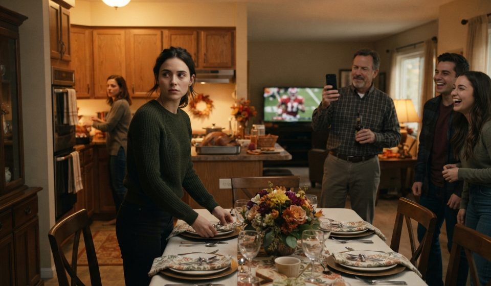 Emma looks humiliated while setting the Thanksgiving table as her father records her on his phone and her siblings laugh in the background.