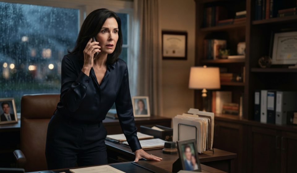 An accomplished professional woman stands with a phone in her hand after receiving a shocking family call on a rainy night.