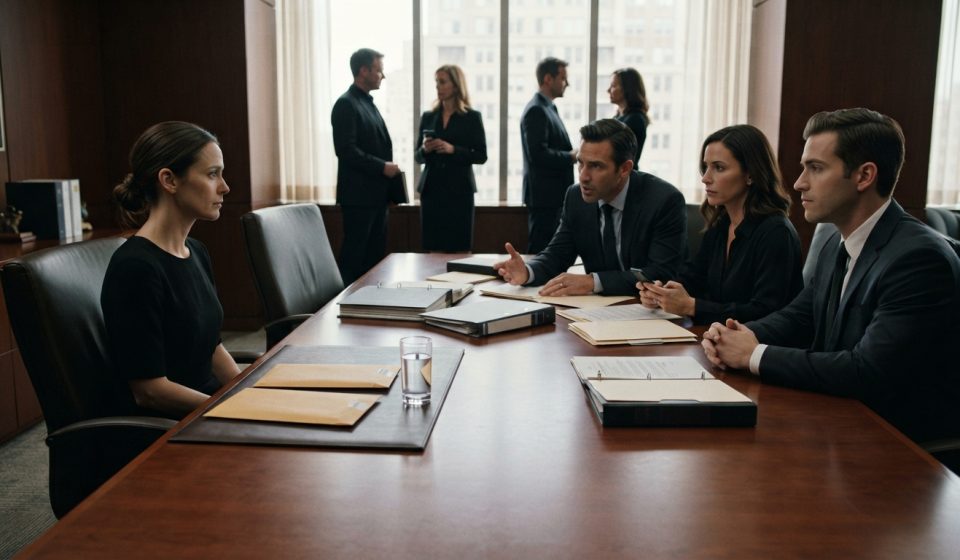 Elise sits in a lawyer's conference room after her mother's funeral while her three confident siblings wait beside two sealed envelopes.