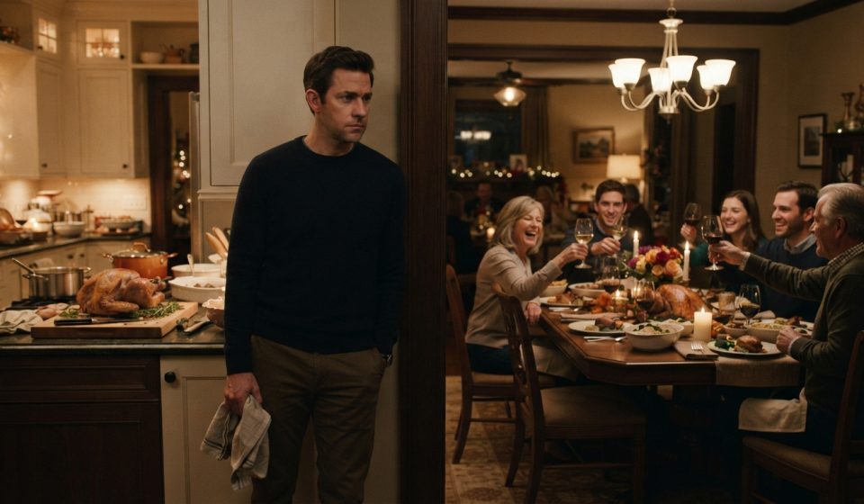 A composed homeowner watches from his kitchen doorway as his family raises their glasses in celebration around his Thanksgiving dinner table.