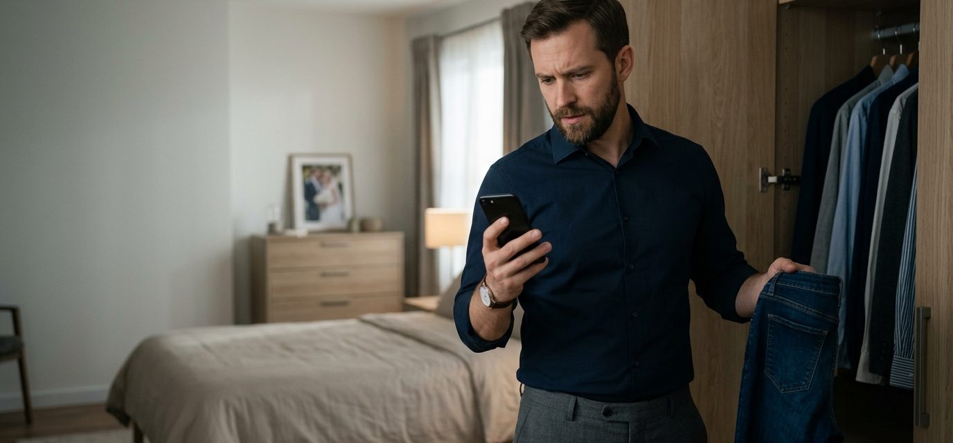 Successful 30-year-old man listening skeptically as his controlling father gives him marriage and family advice in their polished family home.