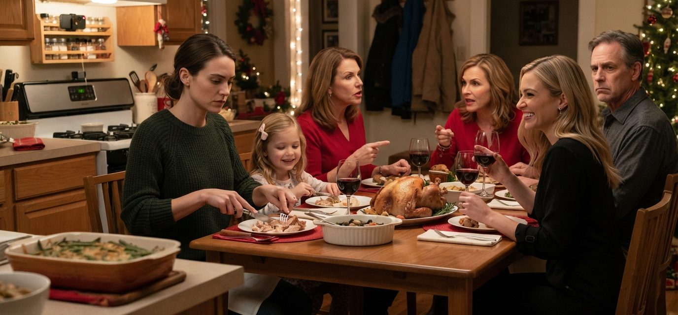 A 29-year-old mother sitting beside her young daughter during a tense Christmas family dinner while her sister's phone discreetly records the table.