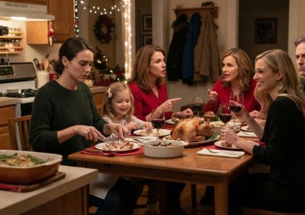 A 29-year-old mother sitting beside her young daughter during a tense Christmas family dinner while her sister's phone discreetly records the table.