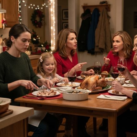 A 29-year-old mother sitting beside her young daughter during a tense Christmas family dinner while her sister's phone discreetly records the table.