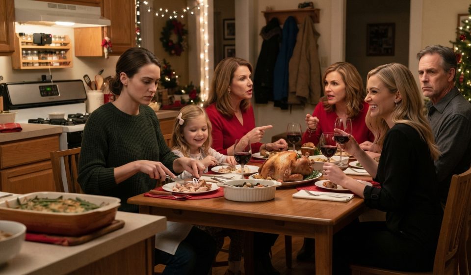 A 29-year-old mother sitting beside her young daughter during a tense Christmas family dinner while her sister's phone discreetly records the table.