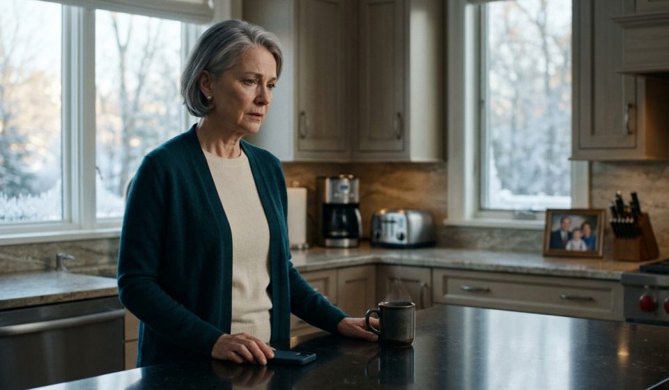 Retired mother standing alone in her kitchen after learning her son got married without telling her.