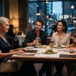 Mother sitting with her closed purse as her son and wife forgot their wallet at an expensive restaurant