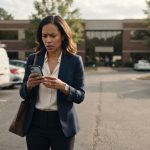 A successful business owner studies an unexpected banking notification on her phone outside the company she spent years building.