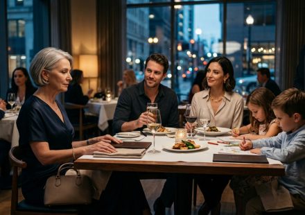 Mother sitting with her closed purse as her son and wife forgot their wallet at an expensive restaurant