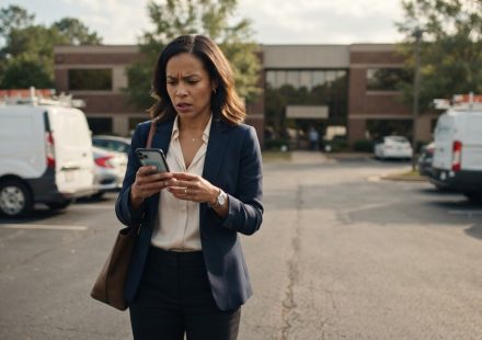 A successful business owner studies an unexpected banking notification on her phone outside the company she spent years building.