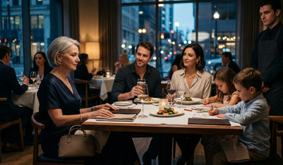 Mother sitting with her closed purse as her son and wife forgot their wallet at an expensive restaurant