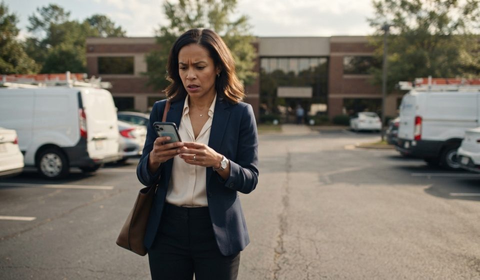 A successful business owner studies an unexpected banking notification on her phone outside the company she spent years building.