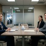Experienced female compliance employee calmly faces two HR representatives during an unexpected termination meeting in a corporate conference room.