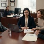 A composed woman signs property paperwork while her mother pressures her and her confident brother watches from across an upscale closing table.