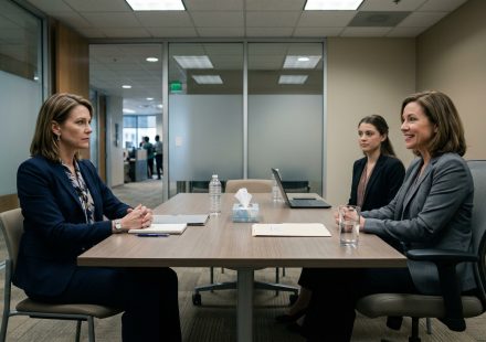 Experienced female compliance employee calmly faces two HR representatives during an unexpected termination meeting in a corporate conference room.