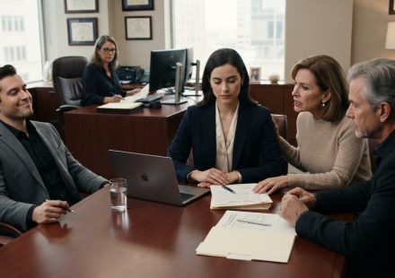 A composed woman signs property paperwork while her mother pressures her and her confident brother watches from across an upscale closing table.