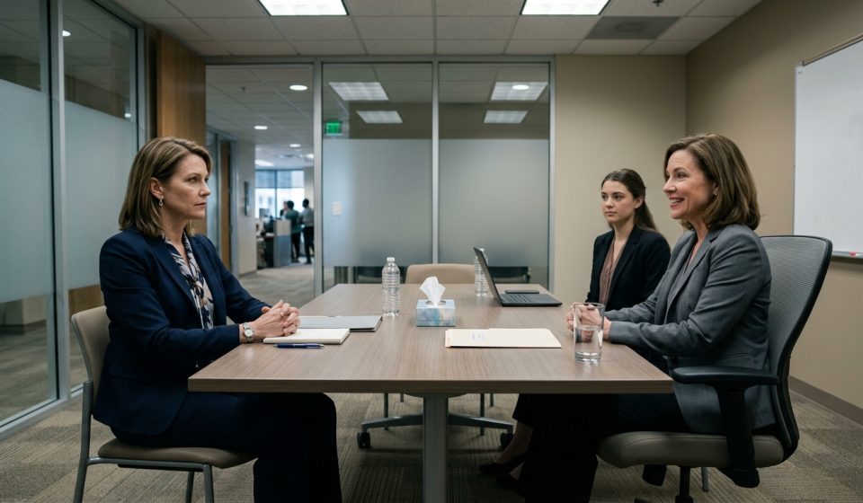Experienced female compliance employee calmly faces two HR representatives during an unexpected termination meeting in a corporate conference room.