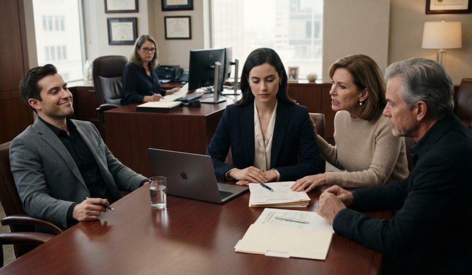 A composed woman signs property paperwork while her mother pressures her and her confident brother watches from across an upscale closing table.