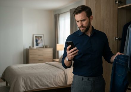 Successful 30-year-old man listening skeptically as his controlling father gives him marriage and family advice in their polished family home.