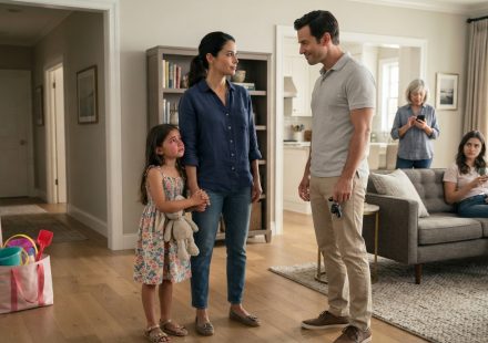 A mother protecting her young daughter during a tense family argument about whether the child belongs at the beach house.