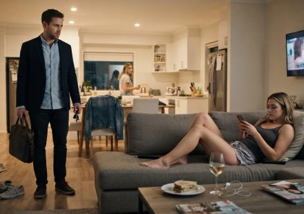 Uncomfortable husband watches his wife's best friend occupying the living room after temporarily moving into their home.