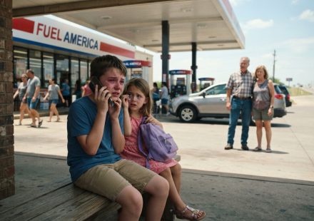 A 10-year-old boy and his 7-year-old sister sit alone outside a busy Texas gas station with a purple backpack while a concerned couple helps them.