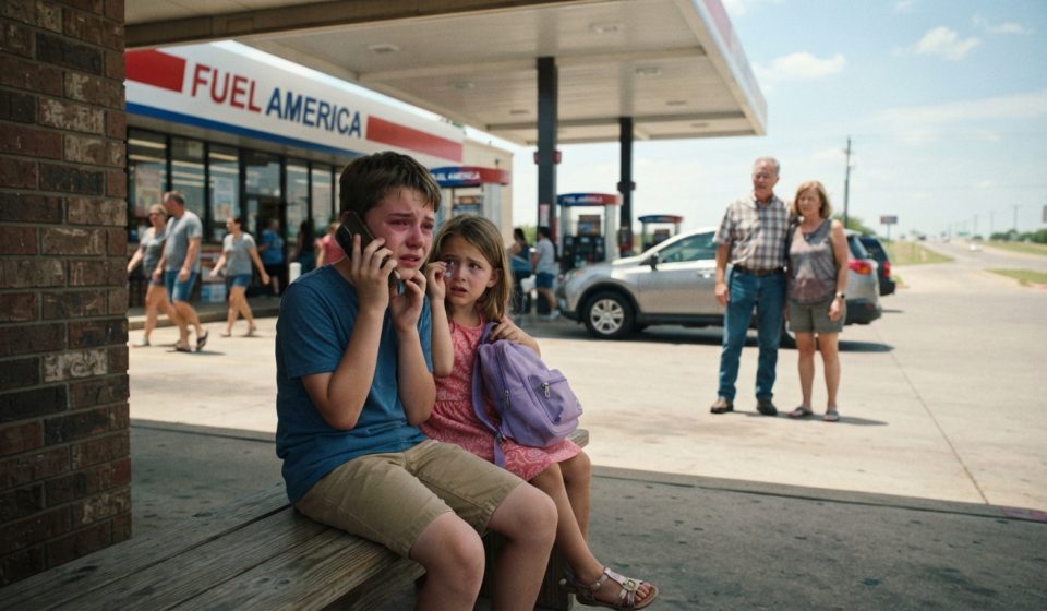 A 10-year-old boy and his 7-year-old sister sit alone outside a busy Texas gas station with a purple backpack while a concerned couple helps them.