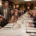 Emma calmly sips wine at her mother's birthday dinner as Uncle Tom speaks and her surprised family looks toward her.