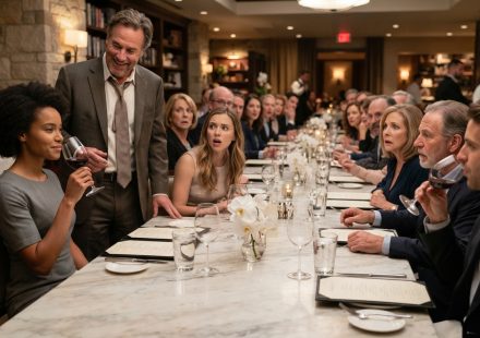 Emma calmly sips wine at her mother's birthday dinner as Uncle Tom speaks and her surprised family looks toward her.